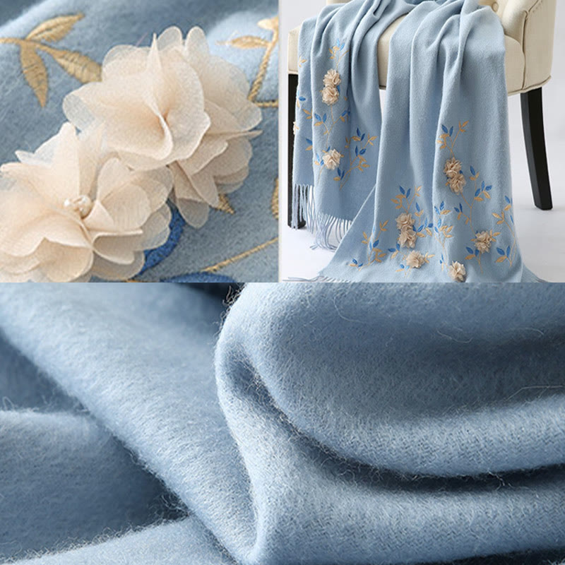 Buddha Stonesウールショール 3Dフローラル刺繍タッセル 冬用 心地よい旅行用スカーフラップ