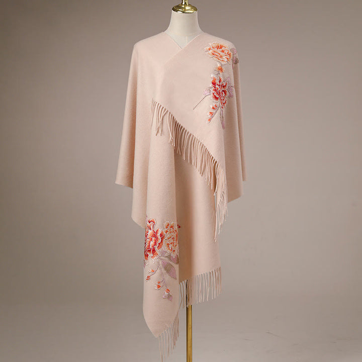 Buddha Stonesウールショール レッドフラワー刺繍タッセル 冬用 心地よいトラベルスカーフラップ