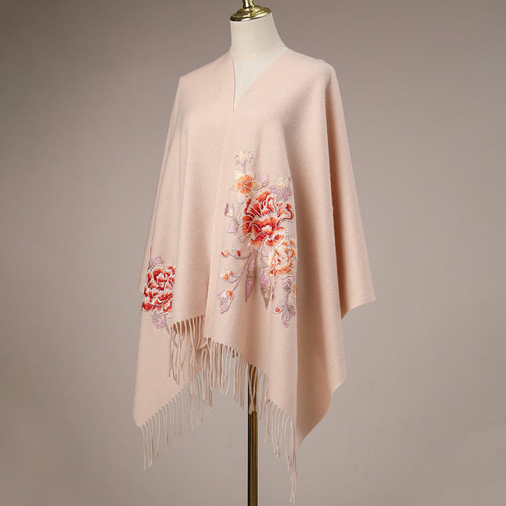 Buddha Stonesウールショール レッドフラワー刺繍タッセル 冬用 心地よいトラベルスカーフラップ