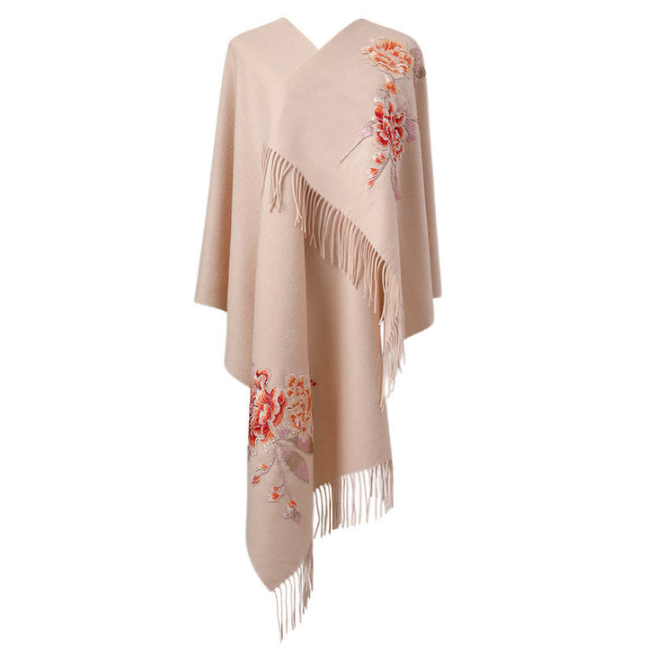 Buddha Stonesウールショール レッドフラワー刺繍タッセル 冬用 心地よいトラベルスカーフラップ