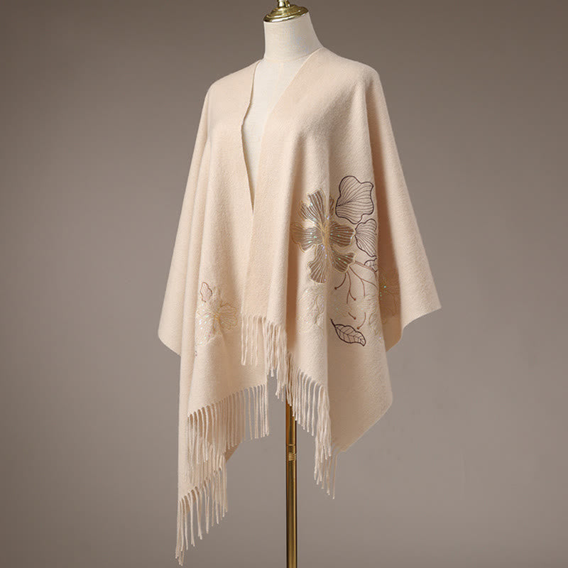 Buddha Stonesウールショール 大きな花 スパンコール 刺繍 タッセル 冬 心地よい 旅行用スカーフ ラップ