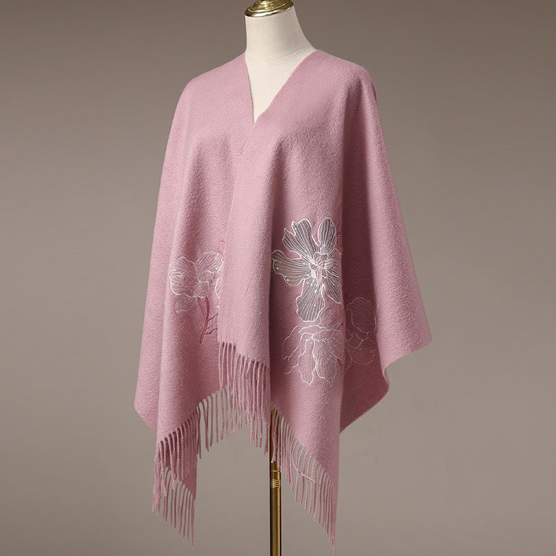 Buddha Stonesウールショール 大きな花 スパンコール 刺繍 タッセル 冬 心地よい 旅行用スカーフ ラップ