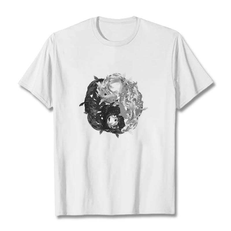 Buddha Stonesと陰陽鯉のコンビネーションコットンTシャツ - 白 - 2XL - image 1