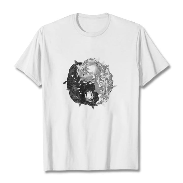 Buddha Stonesと陰陽鯉のコンビネーションコットンTシャツ - 白 - 2XL - image 1