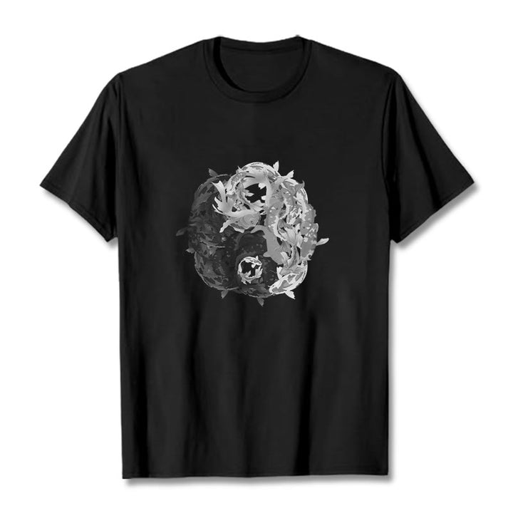 Buddha Stonesと陰陽鯉のコンビネーションコットンTシャツ - 黒 - 2XL - image 5