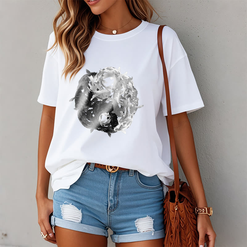 Buddha Stonesと陰陽鯉のコンビネーションコットンTシャツ - image 2