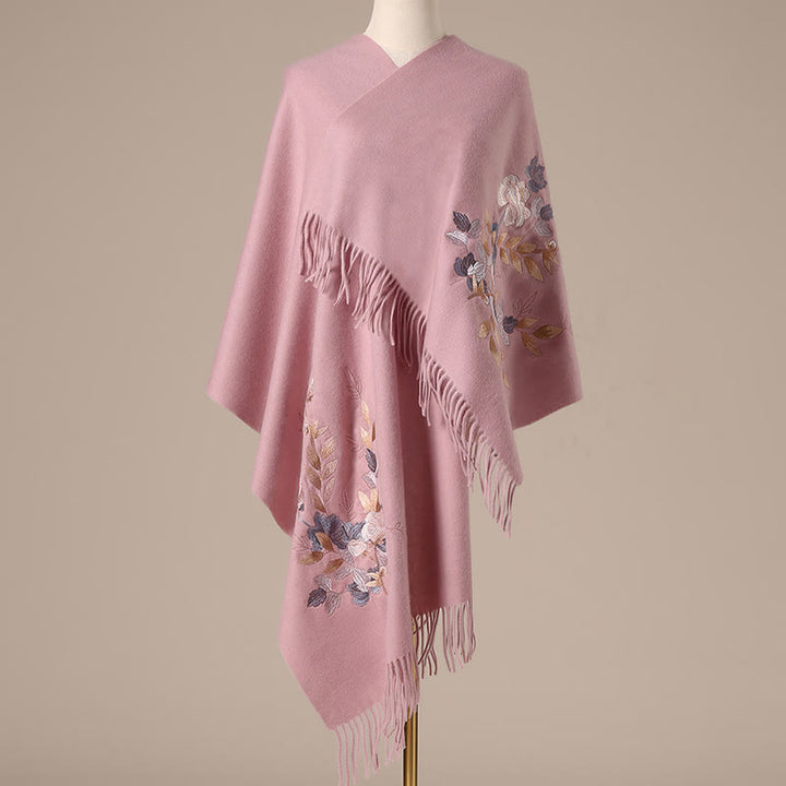 Buddha Stonesウールショール ホワイト ピンク 花 金色の葉 刺繍 タッセル 冬 心地よい 旅行用 スカーフ ラップ