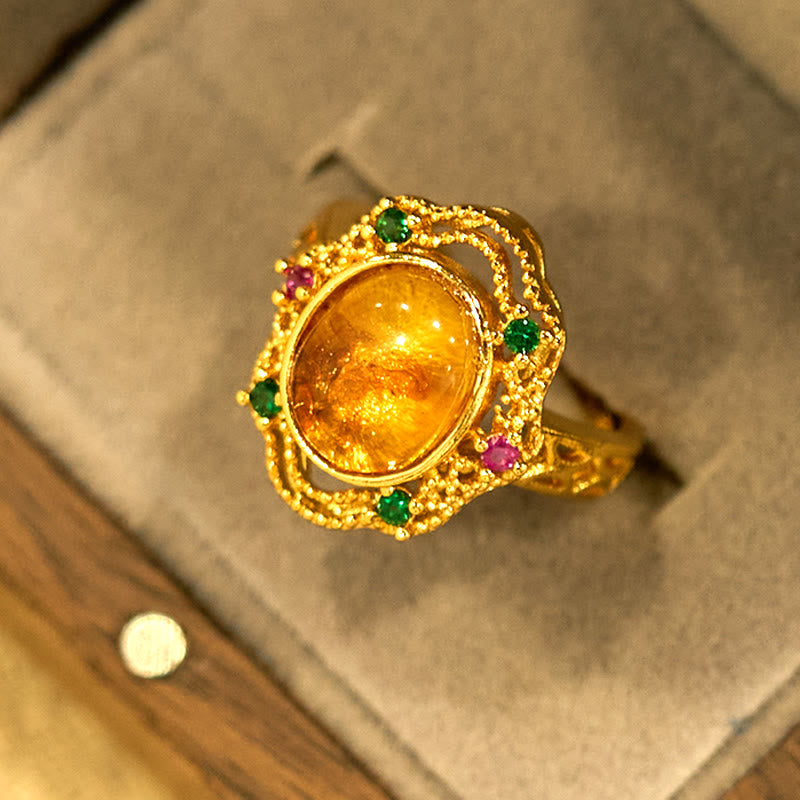 Buddha Stonesフラワーアンバーホローレースコンフィデンスアジャスタブルリング