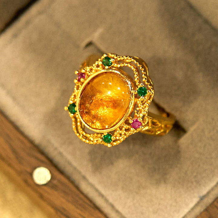 Buddha Stonesフラワーアンバーホローレースコンフィデンスアジャスタブルリング