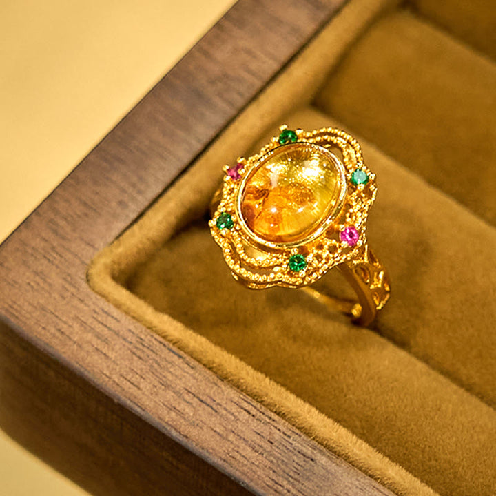 Buddha Stonesフラワーアンバーホローレースコンフィデンスアジャスタブルリング