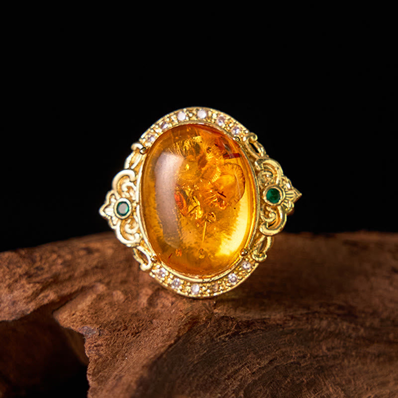 Buddha Stones琥珀の花鳩の卵模様フォーカスリング