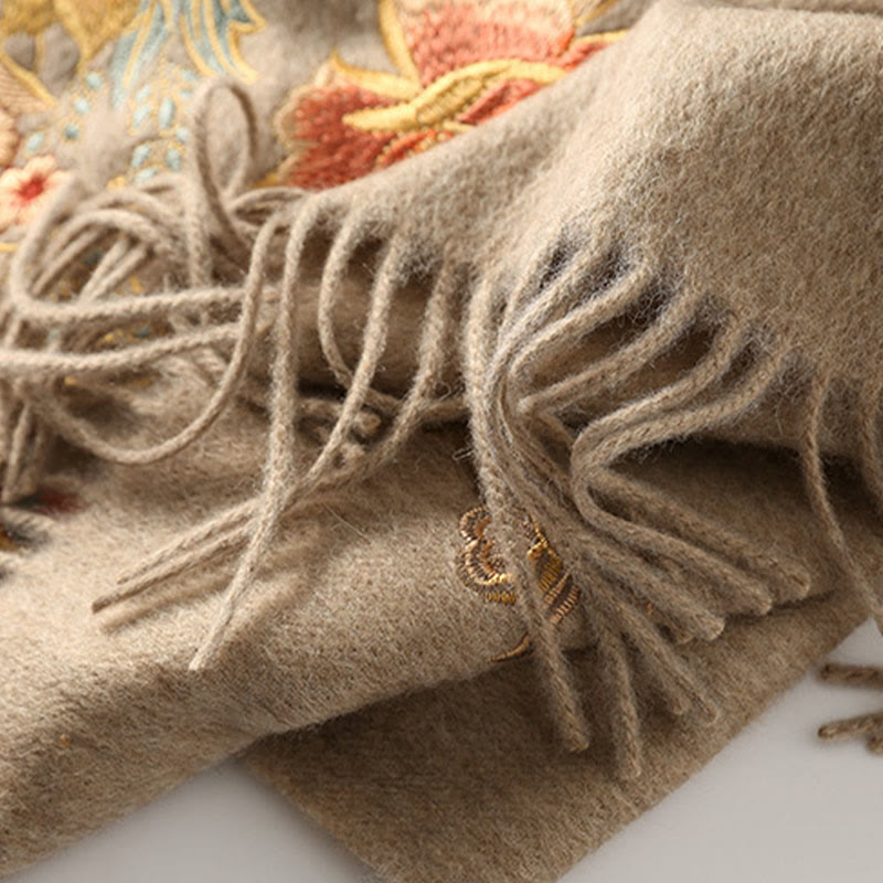 Buddha Stonesウールショール 赤い花と葉の刺繍タッセル 冬用 心地よい旅行用スカーフ ラップ