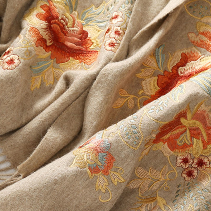 Buddha Stonesウールショール 赤い花と葉の刺繍タッセル 冬用 心地よい旅行用スカーフ ラップ