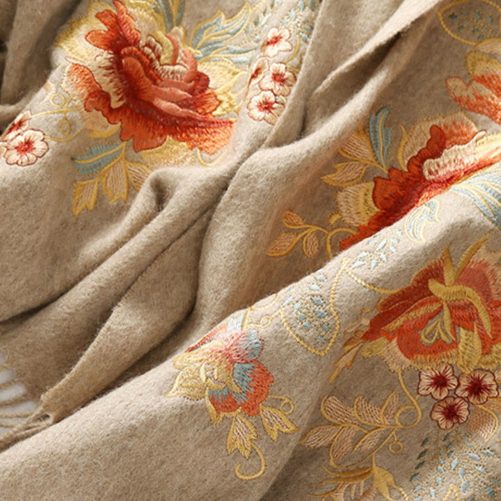 Buddha Stonesウールショール 赤い花と葉の刺繍タッセル 冬用 心地よい旅行用スカーフ ラップ