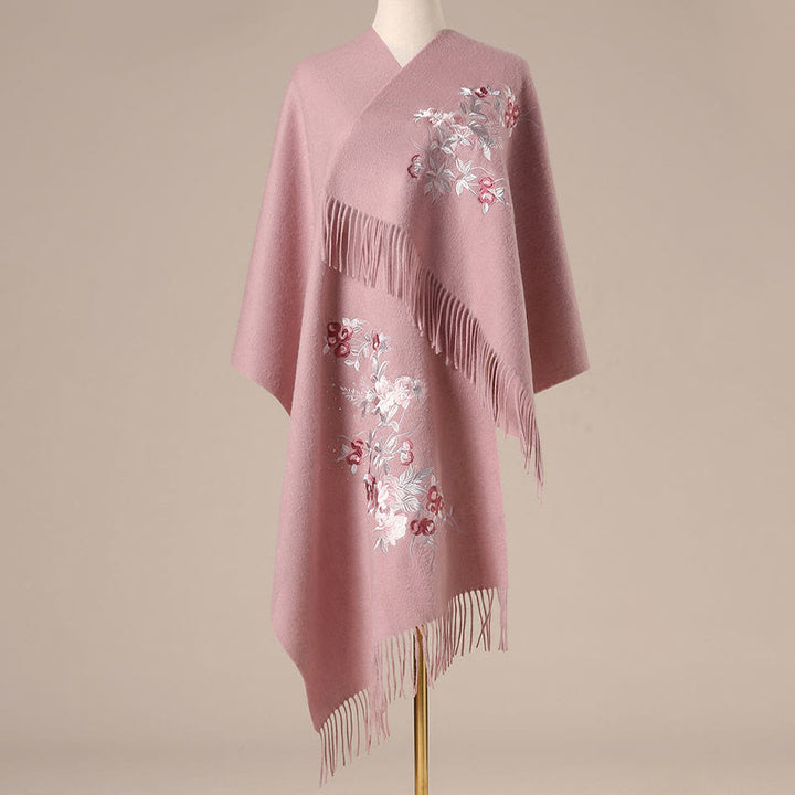 Buddha Stonesウールショール 赤い花と銀の葉の刺繍タッセル 冬用 心地よい旅行用スカーフ ラップ