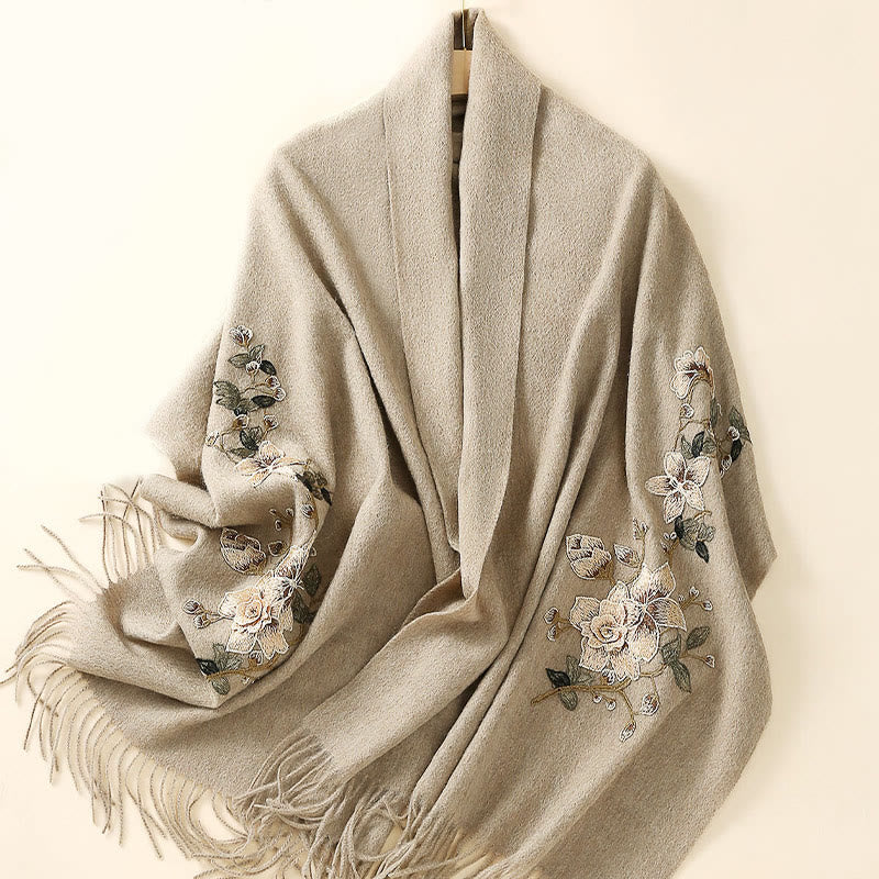 Buddha Stonesウールショール ホワイト オレンジフラワー刺繍タッセル 冬用 心地よい旅行用スカーフラップ