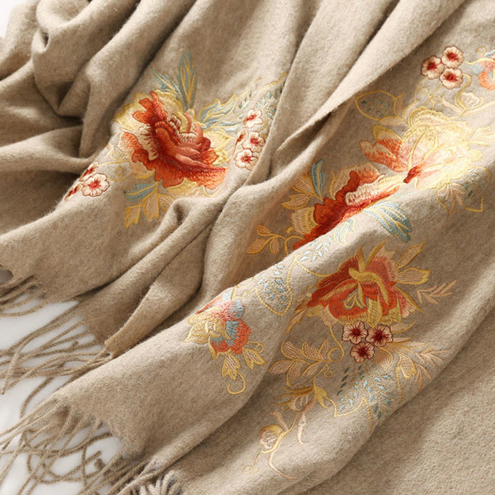 Buddha Stonesウールショール 赤 ピンク 花 刺繍 タッセル 冬 心地よい 旅行用 スカーフ ラップ