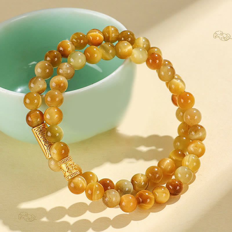 Buddha Stonesタイガーアイフーキャラクター竹鯉魚ロータスオーム・マニ・パドメ・フム守護ブレスレット