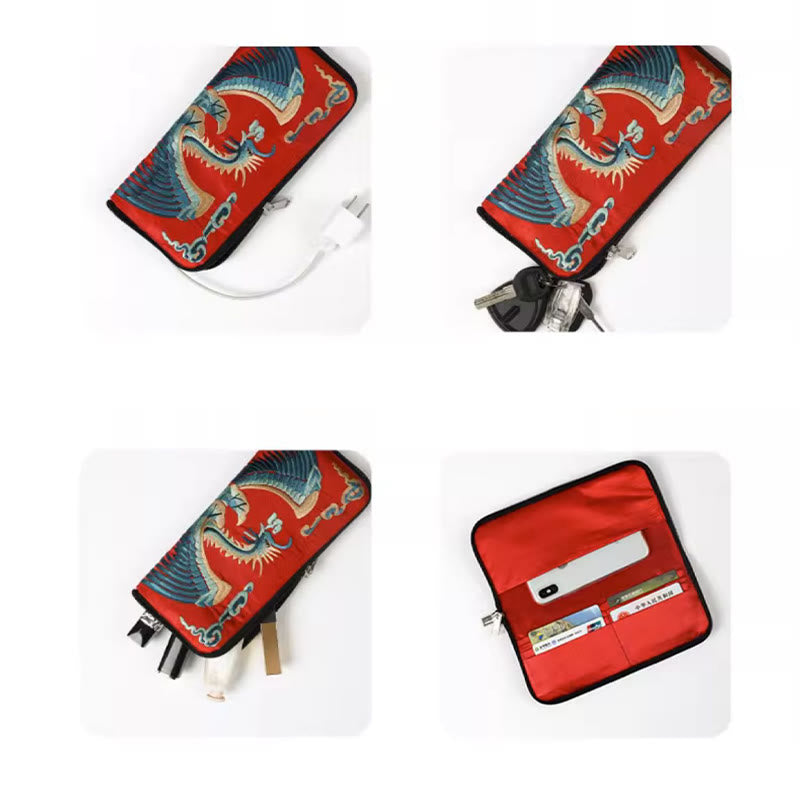 Buddha Stones神話の獣 鳳凰 龍 麒麟 蘇 刺繍 チケットフォルダー 収納 旅行 ショッピングバッグ ハンドバッグ