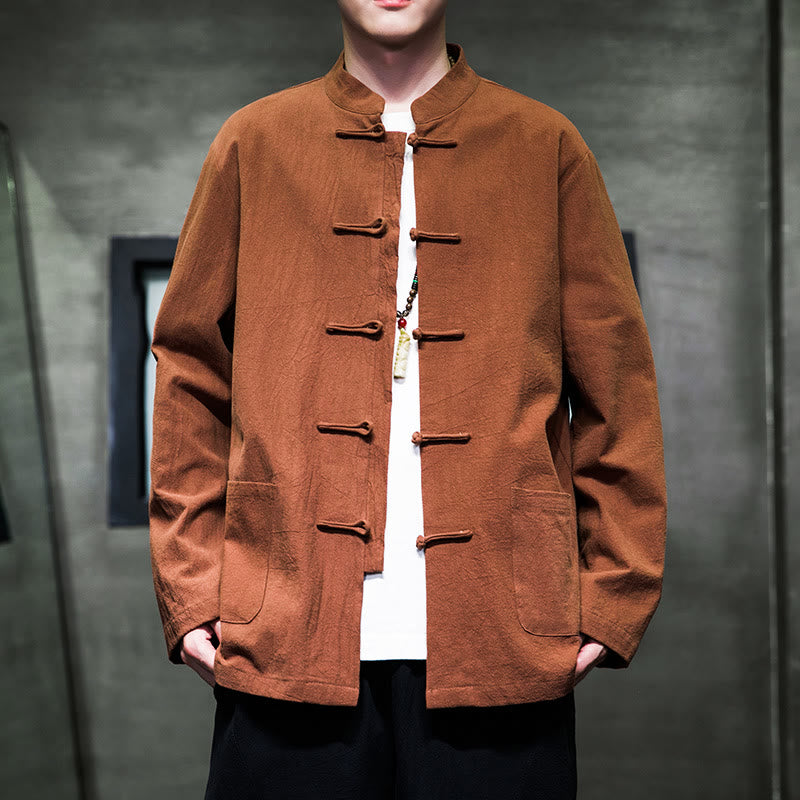 Buddha Stonesのシンプルなカエルボタンの中国唐装コットンメンズジャケットシャツ(ポケット付き) - サンディブラウン - US/UK/AU46、 EU56 (5XL) - image 24