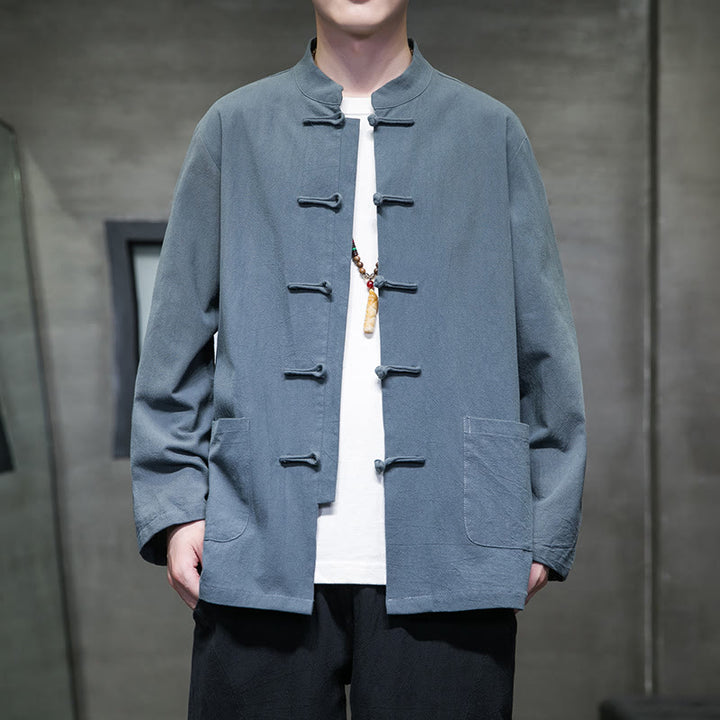 Buddha Stonesのシンプルなカエルボタンの中国唐装コットンメンズジャケットシャツ(ポケット付き) - パウダーブルー - US/UK/AU46、 EU56 (5XL) - image 12