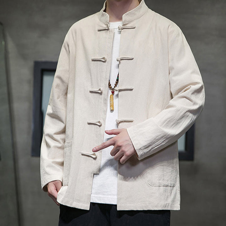 Buddha Stonesのシンプルなカエルボタンの中国唐装コットンメンズジャケットシャツ(ポケット付き) - image 11