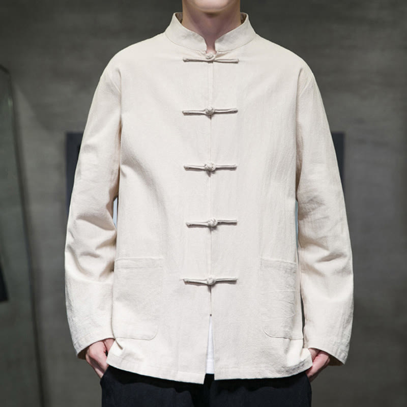 Buddha Stonesのシンプルなカエルボタンの中国唐装コットンメンズジャケットシャツ(ポケット付き) - image 8