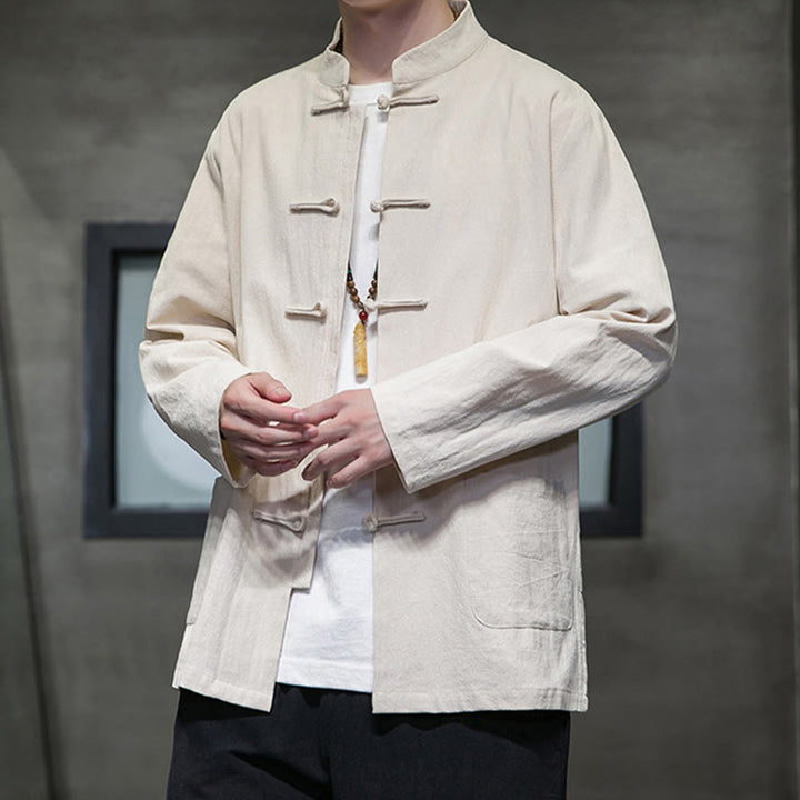 Buddha Stonesのシンプルなカエルボタンの中国唐装コットンメンズジャケットシャツ(ポケット付き) - image 9