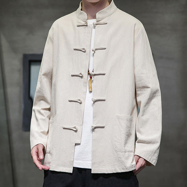 Buddha Stonesのシンプルなカエルボタンの中国唐装コットンメンズジャケットシャツ(ポケット付き) - image 10