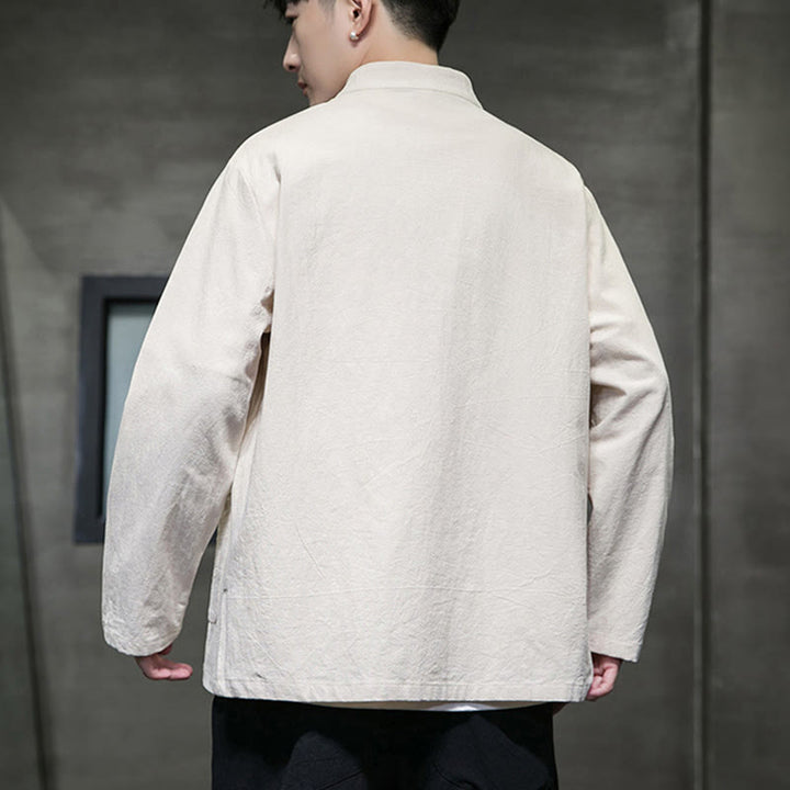 Buddha Stonesのシンプルなカエルボタンの中国唐装コットンメンズジャケットシャツ(ポケット付き) - image 7