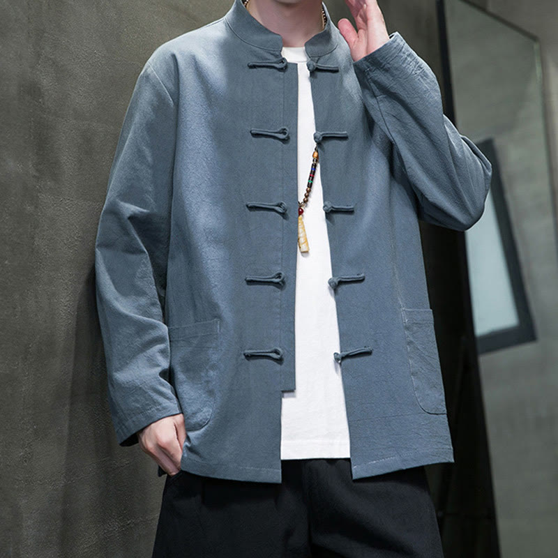 Buddha Stonesのシンプルなカエルボタンの中国唐装コットンメンズジャケットシャツ(ポケット付き) - image 18