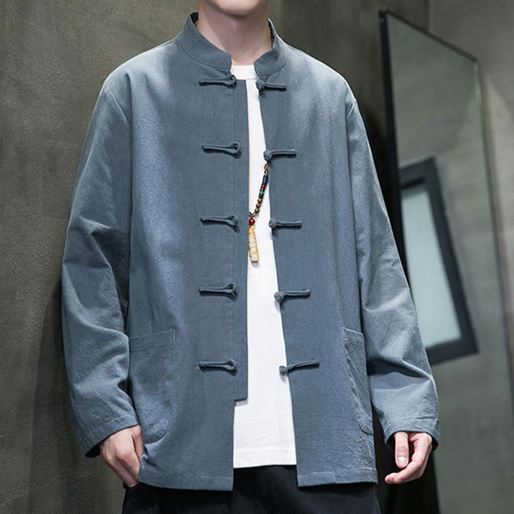 Buddha Stonesのシンプルなカエルボタンの中国唐装コットンメンズジャケットシャツ(ポケット付き) - image 19