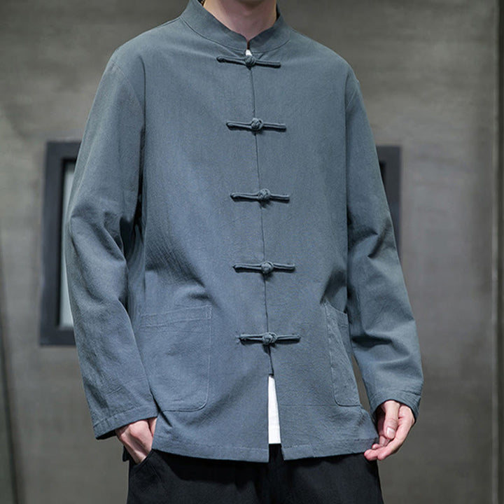 Buddha Stonesのシンプルなカエルボタンの中国唐装コットンメンズジャケットシャツ(ポケット付き) - image 15