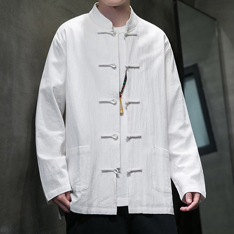 Buddha Stonesのシンプルなカエルボタンの中国唐装コットンメンズジャケットシャツ(ポケット付き) - image 4