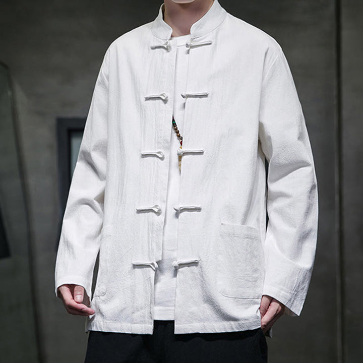 Buddha Stonesのシンプルなカエルボタンの中国唐装コットンメンズジャケットシャツ(ポケット付き) - image 1