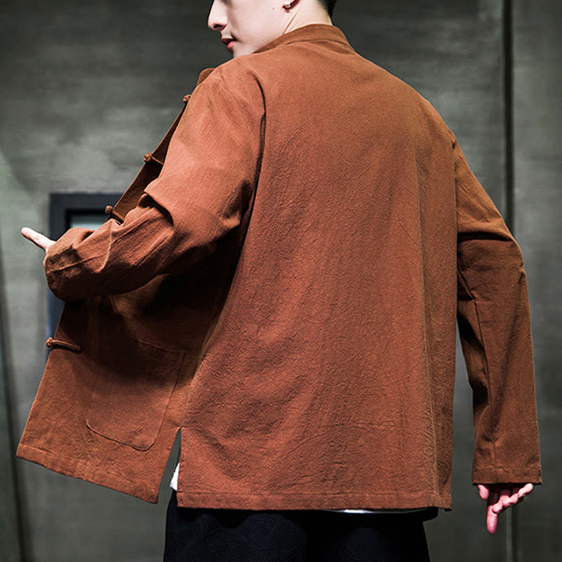 Buddha Stonesのシンプルなカエルボタンの中国唐装コットンメンズジャケットシャツ(ポケット付き) - image 26