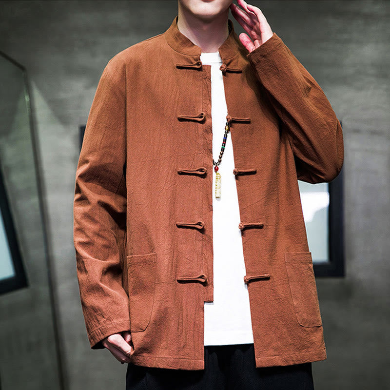 Buddha Stonesのシンプルなカエルボタンの中国唐装コットンメンズジャケットシャツ(ポケット付き) - image 25