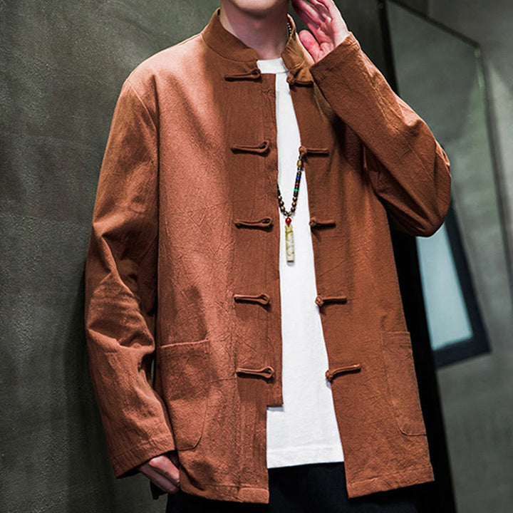 Buddha Stonesのシンプルなカエルボタンの中国唐装コットンメンズジャケットシャツ(ポケット付き) - image 29