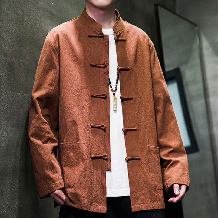 Buddha Stonesのシンプルなカエルボタンの中国唐装コットンメンズジャケットシャツ(ポケット付き) - image 28