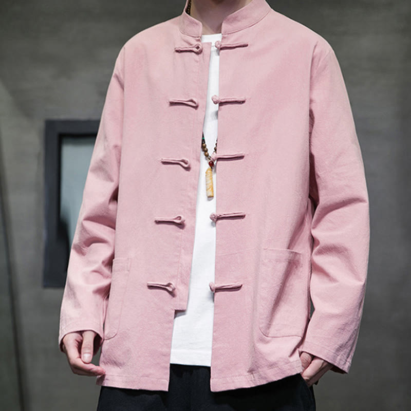 Buddha Stonesのシンプルなカエルボタンの中国唐装コットンメンズジャケットシャツ(ポケット付き) - image 32