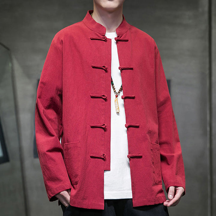 Buddha Stonesのシンプルなカエルボタンの中国唐装コットンメンズジャケットシャツ(ポケット付き) - image 42