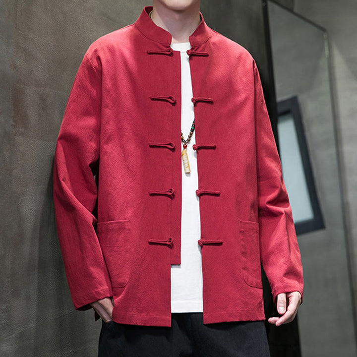 Buddha Stonesのシンプルなカエルボタンの中国唐装コットンメンズジャケットシャツ(ポケット付き) - image 40