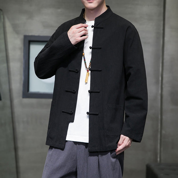 Buddha Stonesのシンプルなカエルボタンの中国唐装コットンメンズジャケットシャツ(ポケット付き) - image 46