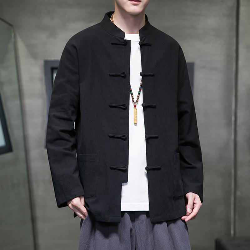 Buddha Stonesのシンプルなカエルボタンの中国唐装コットンメンズジャケットシャツ(ポケット付き) - image 45