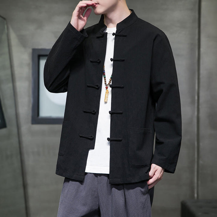 Buddha Stonesのシンプルなカエルボタンの中国唐装コットンメンズジャケットシャツ(ポケット付き) - image 47