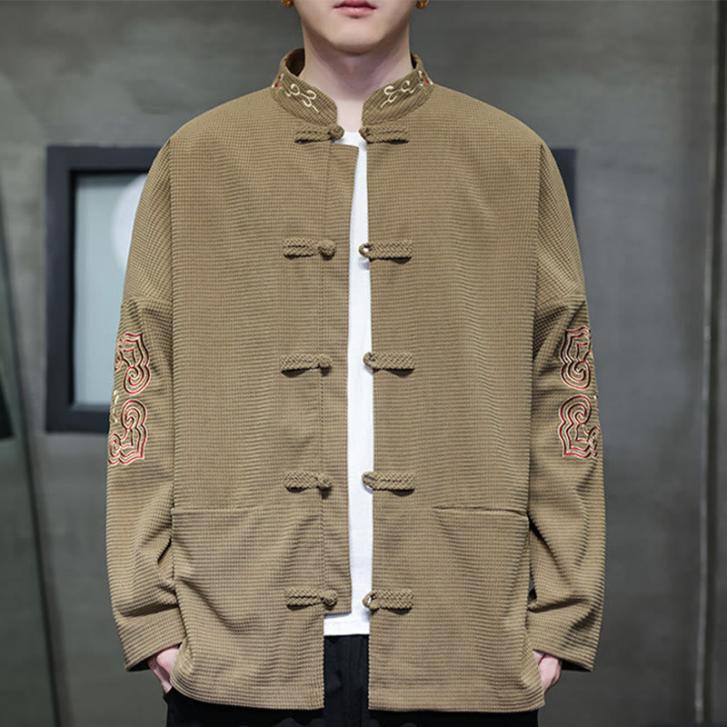 Buddha Stonesメンズ フロッグボタン タンスーツ コーデュロイ コットン 刺繍 ロングジャケット シャツ ポケット付き