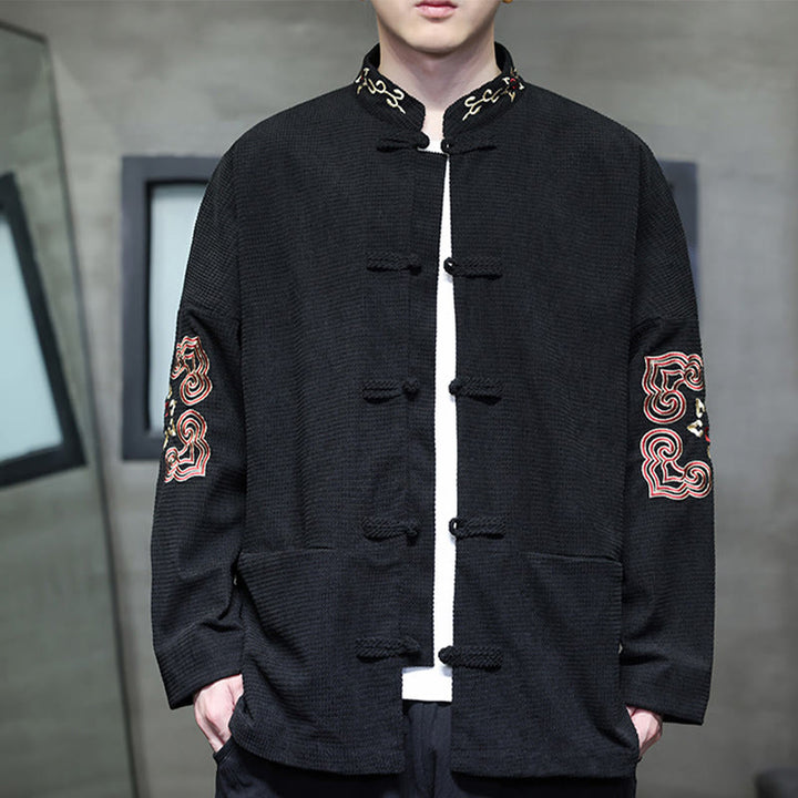 Buddha Stonesメンズ フロッグボタン タンスーツ コーデュロイ コットン 刺繍 ロングジャケット シャツ ポケット付き