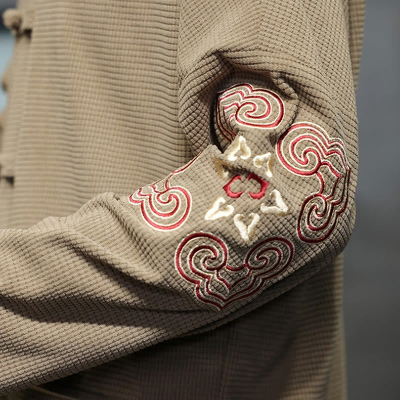 Buddha Stonesメンズ フロッグボタン タンスーツ コーデュロイ コットン 刺繍 ロングジャケット シャツ ポケット付き