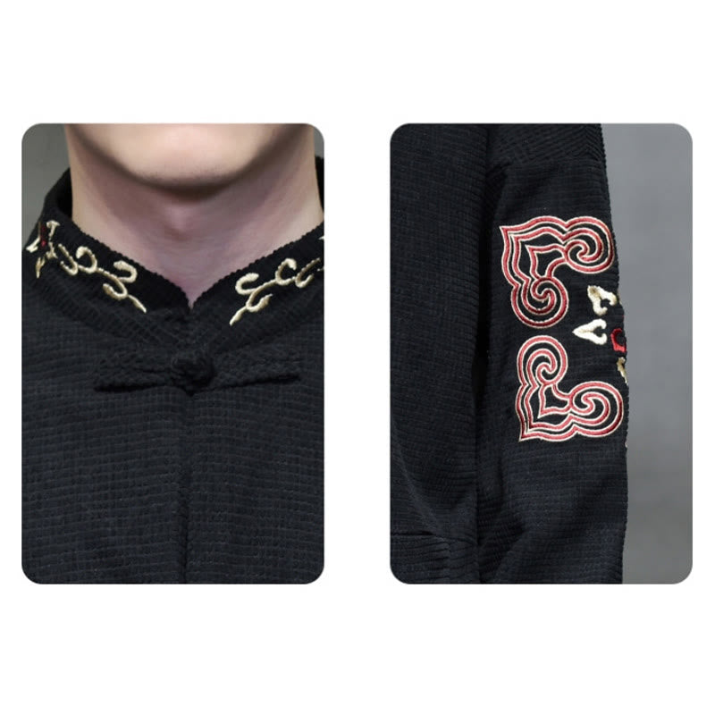 Buddha Stonesメンズ フロッグボタン タンスーツ コーデュロイ コットン 刺繍 ロングジャケット シャツ ポケット付き