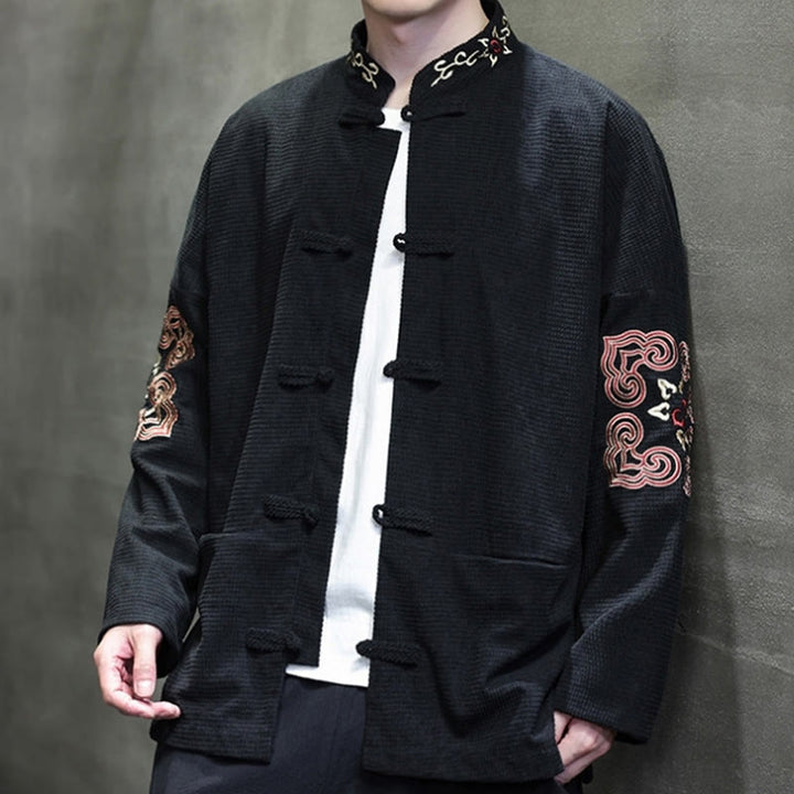 Buddha Stonesメンズ フロッグボタン タンスーツ コーデュロイ コットン 刺繍 ロングジャケット シャツ ポケット付き